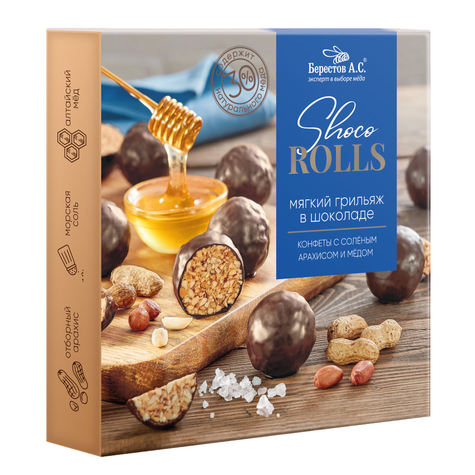  Берестов Shoco Rolls конфеты с арахисом, солью и медом, 135г   в Евпатории