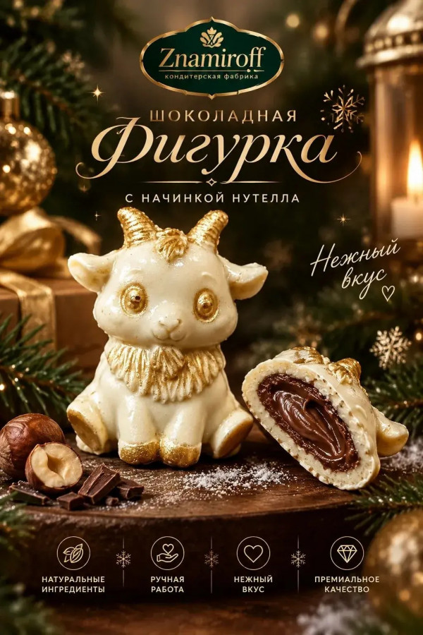 №1 Шоколад фигурный "Мультяшный козлик" белый шоколад с начинкой нутелла(блок 5шт по 70г) в Евпатории