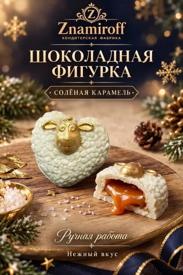 №1 Шоколад фигурный "Овечка-сердечко" белый шоколад с начинкой солёная карамель(блок 5шт по 70г) в Евпатории